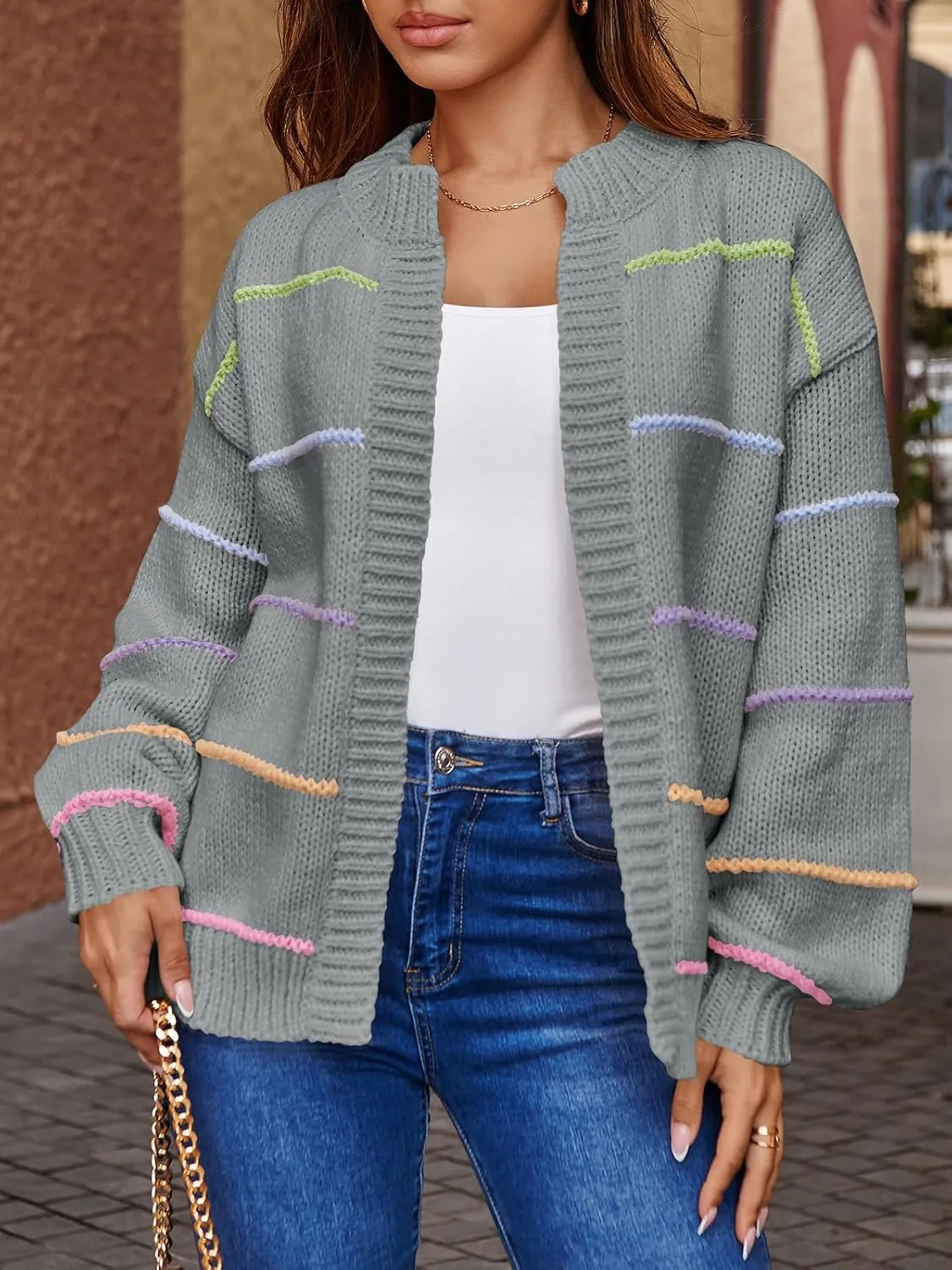 Saodimallsu Womens Color Block Cardigan Sweater Striped Open Front 2024 Fall Chunky Trendy Knit Loose Sweater Coats