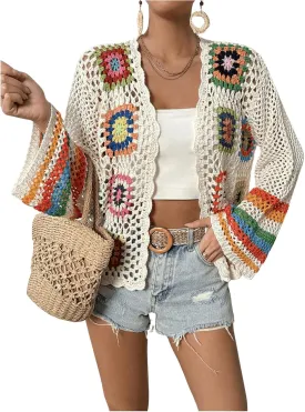 SHENHE Women's Floral Crochet Cardigan Hollow Out Open Front Long Sleeve Cardigan Sweater