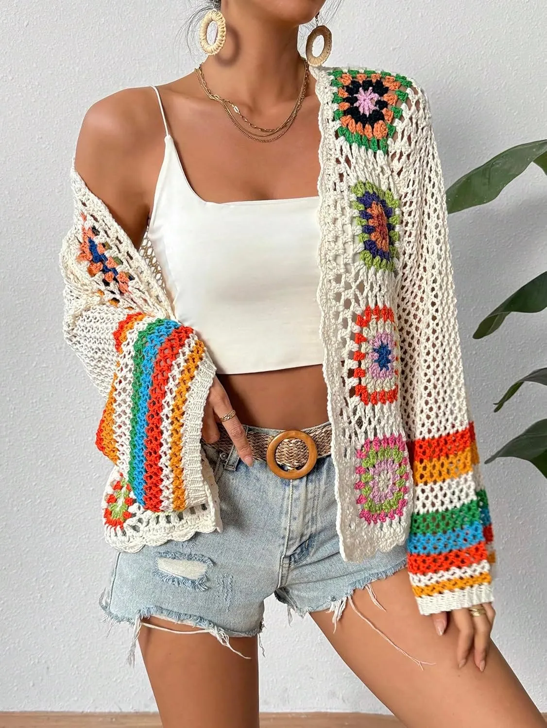 SHENHE Women's Floral Crochet Cardigan Hollow Out Open Front Long Sleeve Cardigan Sweater