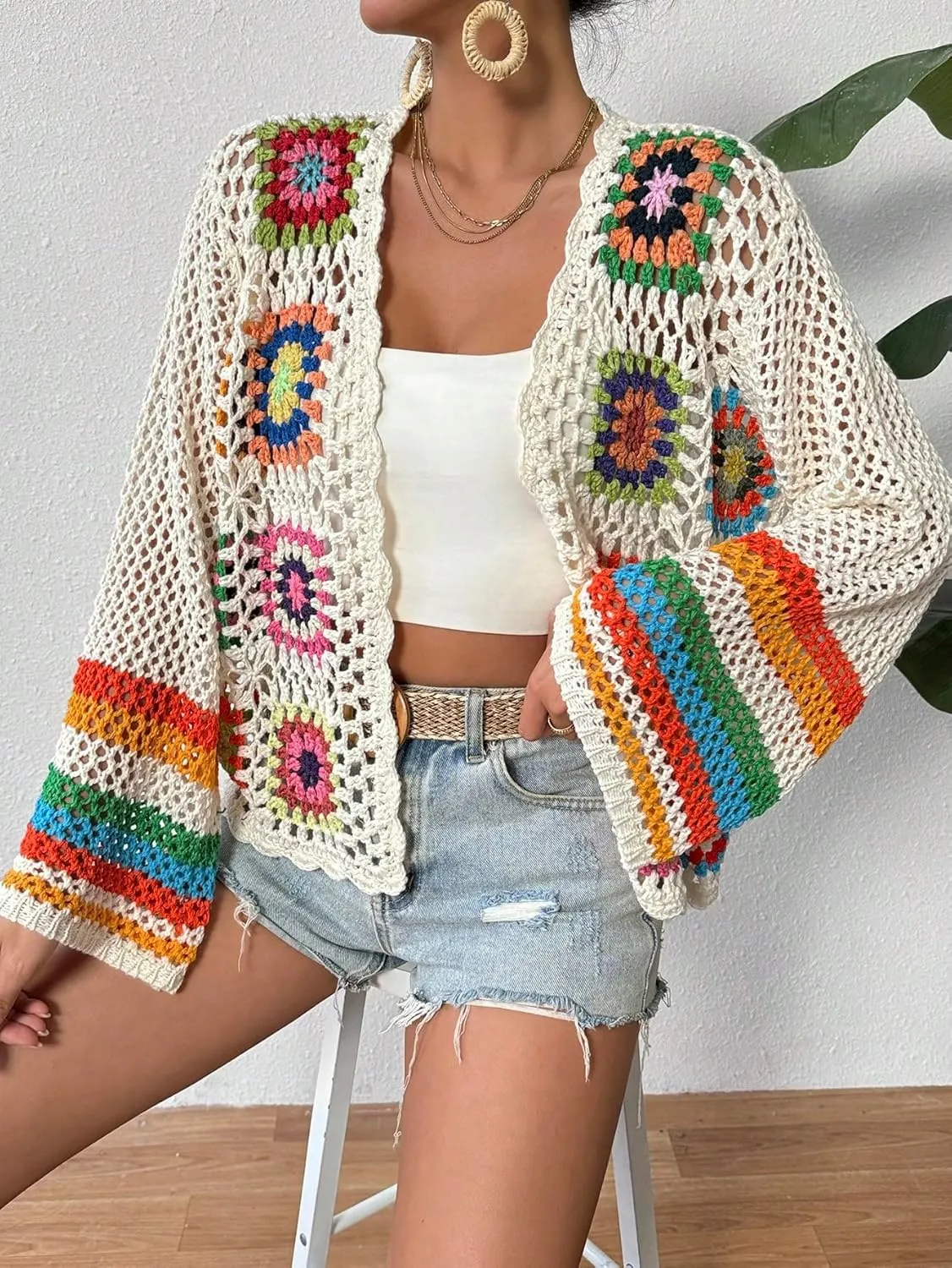 SHENHE Women's Floral Crochet Cardigan Hollow Out Open Front Long Sleeve Cardigan Sweater