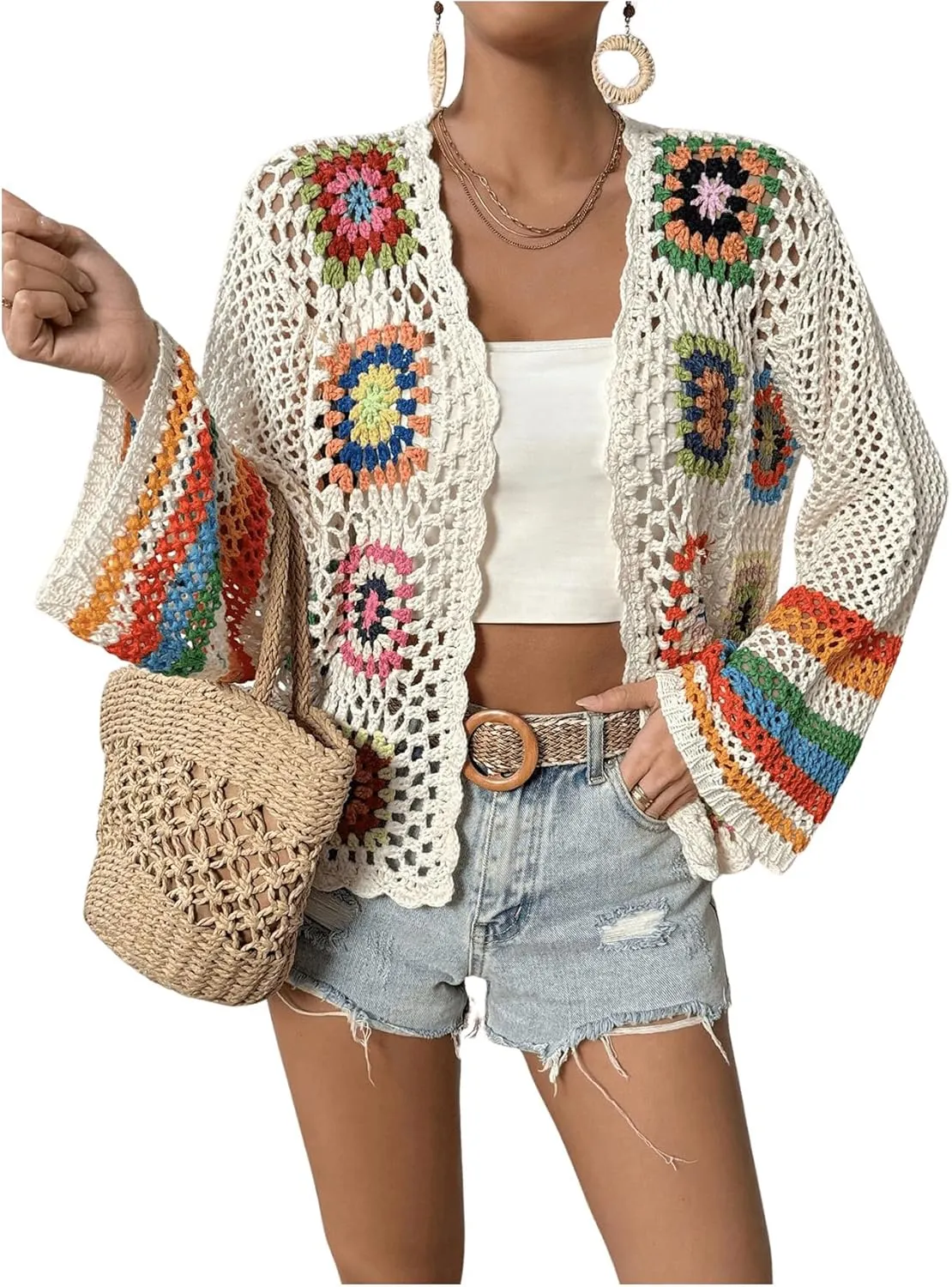 SHENHE Women's Floral Crochet Cardigan Hollow Out Open Front Long Sleeve Cardigan Sweater