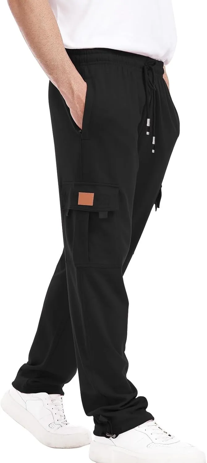 Suwangi Mens Cargo Pants Loose Waist Relaxed Fit Outdoor Elastic Bottom Pants Athletic Drawstring Multiple Pockets Joggers