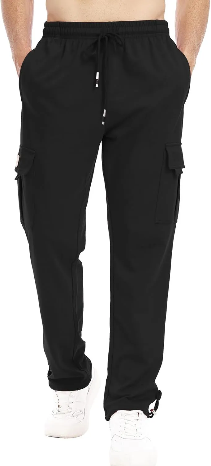 Suwangi Mens Cargo Pants Loose Waist Relaxed Fit Outdoor Elastic Bottom Pants Athletic Drawstring Multiple Pockets Joggers