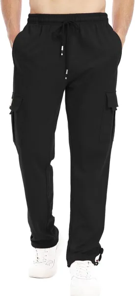 Suwangi Mens Cargo Pants Loose Waist Relaxed Fit Outdoor Elastic Bottom Pants Athletic Drawstring Multiple Pockets Joggers