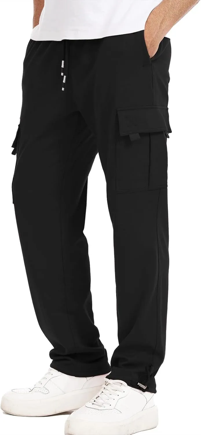 Suwangi Mens Cargo Pants Loose Waist Relaxed Fit Outdoor Elastic Bottom Pants Athletic Drawstring Multiple Pockets Joggers