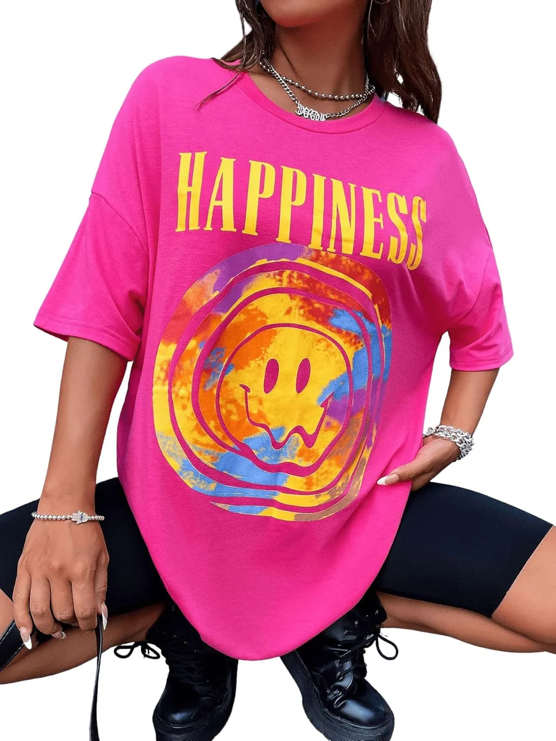 SweatyRocks Women's Short Sleeve Oversized Graphic Tees Round Neck Loose T-Shirt