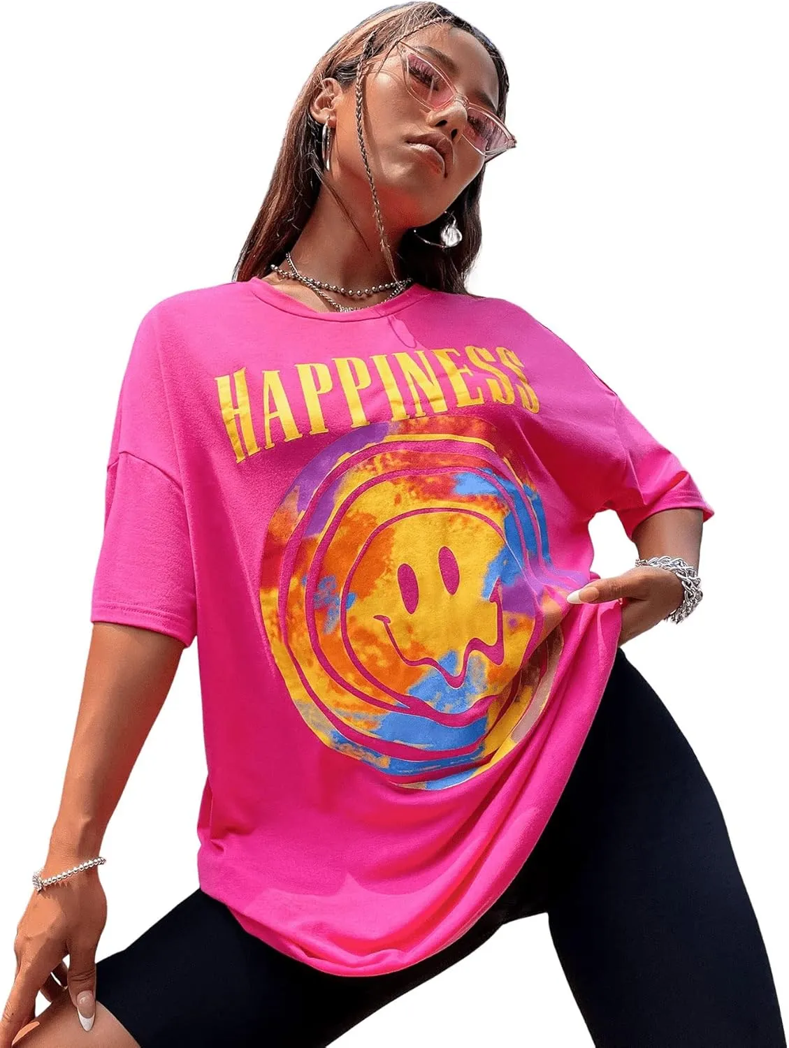 SweatyRocks Women's Short Sleeve Oversized Graphic Tees Round Neck Loose T-Shirt