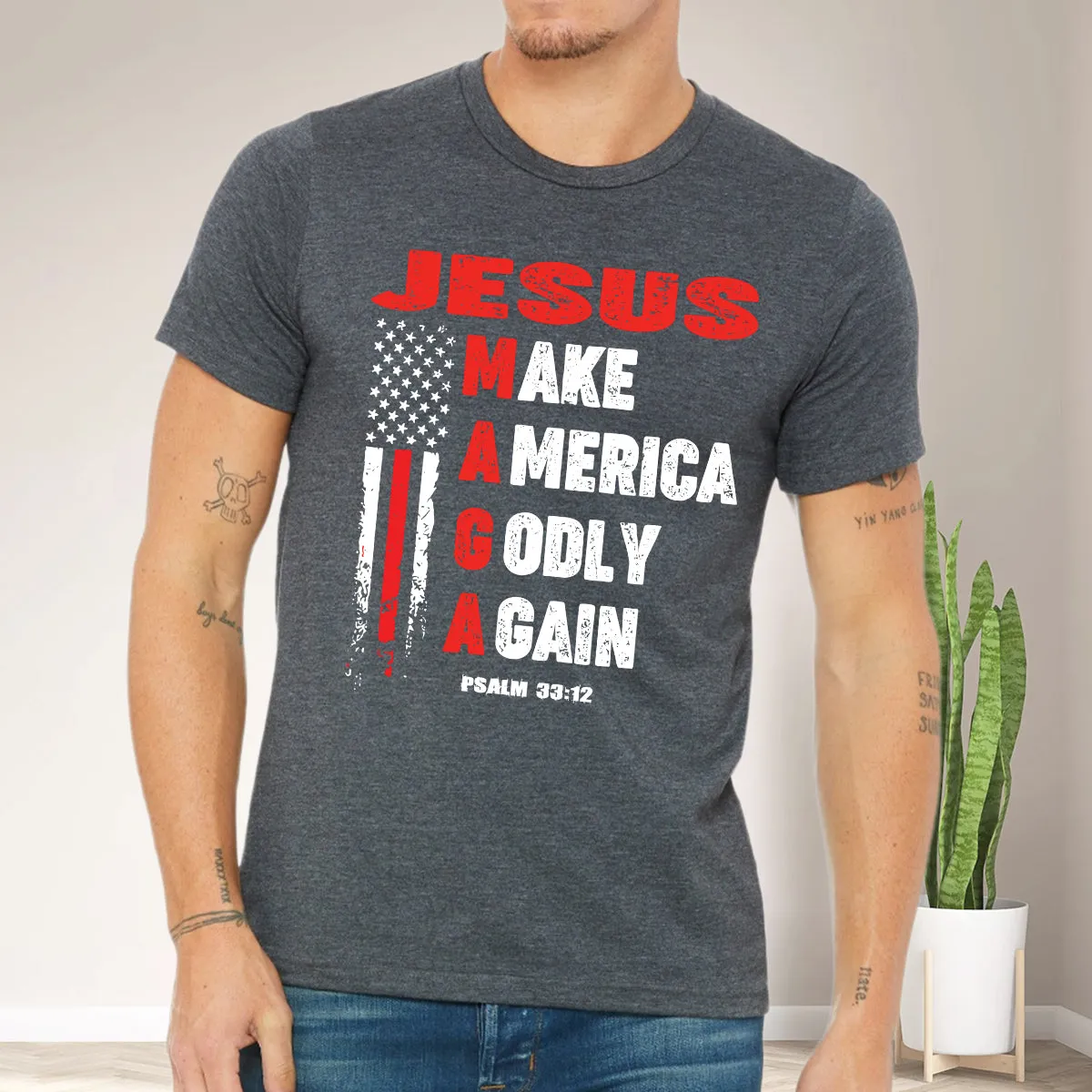 Teesdily | Jesus American Flag Shirt, Jesus Make America Godly Again Tee Sweatshirt Hoodie Mug, Jesus Lovers Tee Gifts, Patriotic Shirt