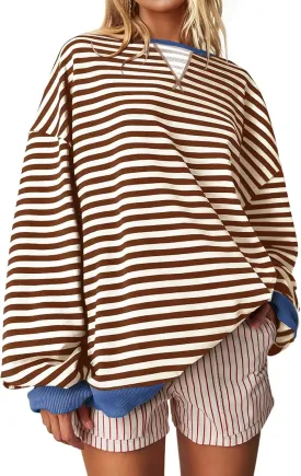 UEU Women Striped Oversized Sweatshirt Color Block Crewneck Long Sleeve Pullover Top Fashion Trendy Preppy Clothes
