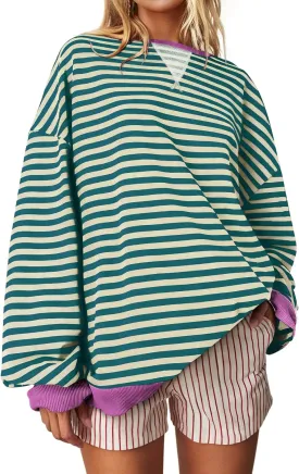 UEU Women Striped Oversized Sweatshirt Color Block Crewneck Long Sleeve Pullover Top Fashion Trendy Preppy Clothes