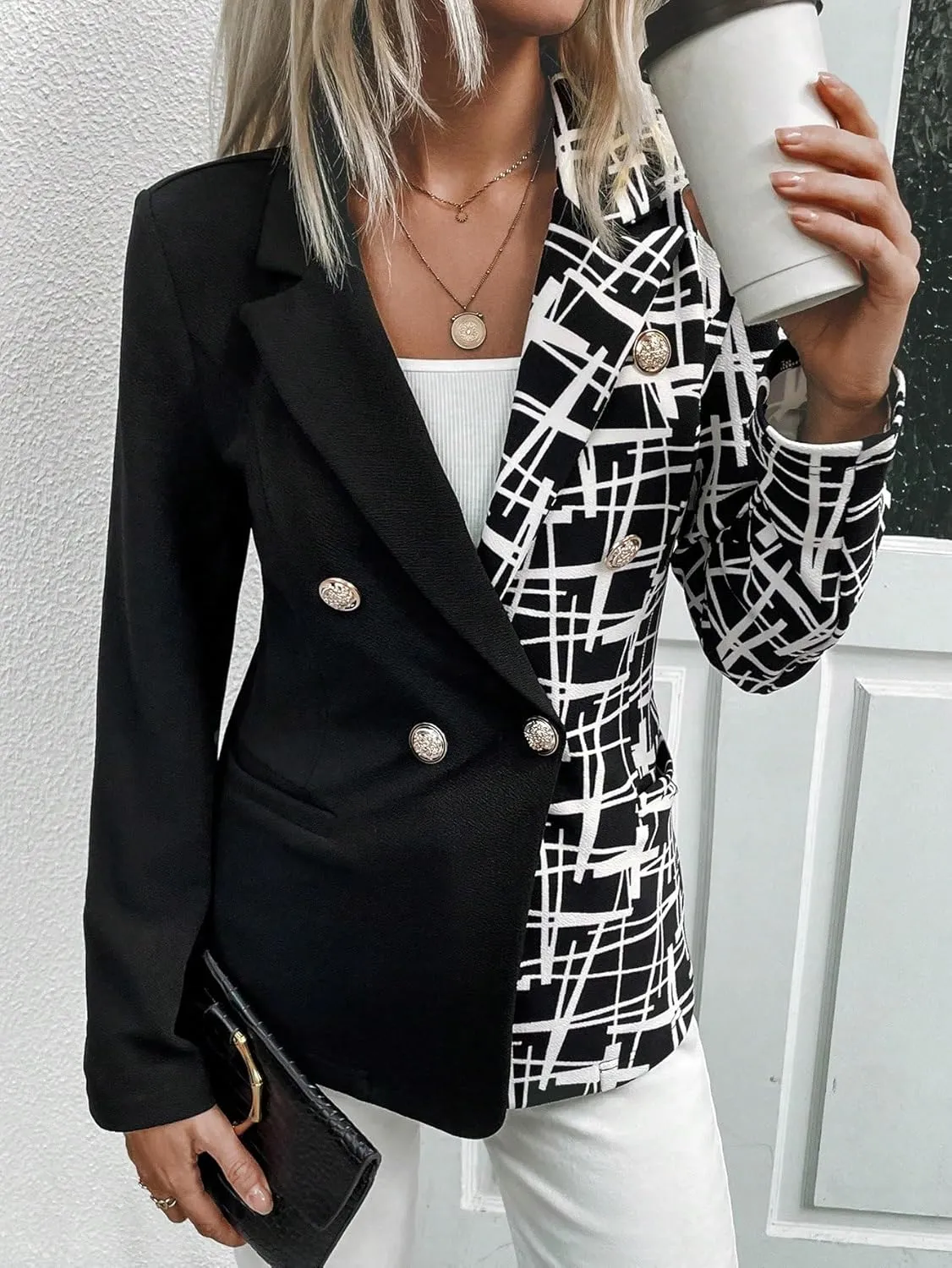 WDIRARA Women's Geometric Pattern Two Tone Button Down Wrap Knitted Lapel Long Sleeve Casual Blazer