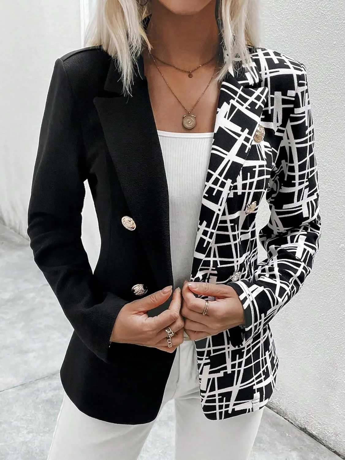 WDIRARA Women's Geometric Pattern Two Tone Button Down Wrap Knitted Lapel Long Sleeve Casual Blazer