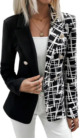 WDIRARA Women's Geometric Pattern Two Tone Button Down Wrap Knitted Lapel Long Sleeve Casual Blazer
