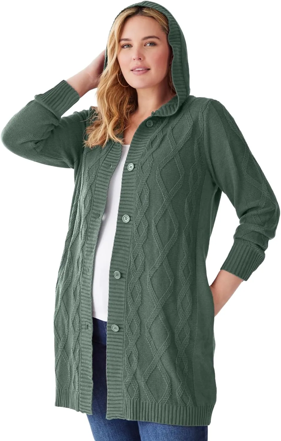 Woman Within Plus Size Cable Cardigan Hoodie