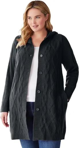 Woman Within Plus Size Cable Cardigan Hoodie