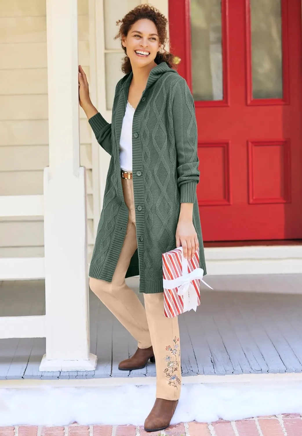 Woman Within Plus Size Cable Cardigan Hoodie