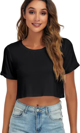 Womens Basic Summer Round Neck Crop Tops Loose Rolled Short Sleeve Solid Tee Shirt