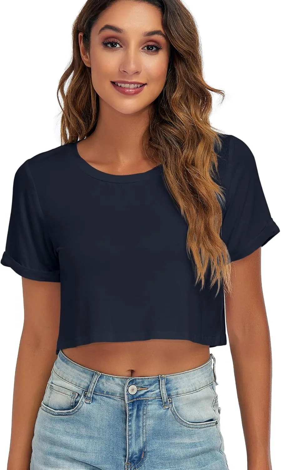 Womens Basic Summer Round Neck Crop Tops Loose Rolled Short Sleeve Solid Tee Shirt
