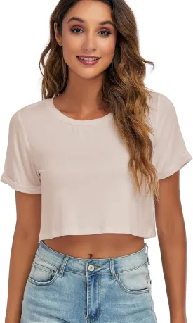 Womens Basic Summer Round Neck Crop Tops Loose Rolled Short Sleeve Solid Tee Shirt