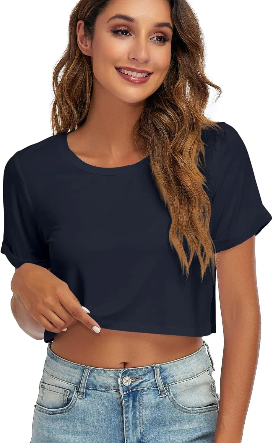 Womens Basic Summer Round Neck Crop Tops Loose Rolled Short Sleeve Solid Tee Shirt