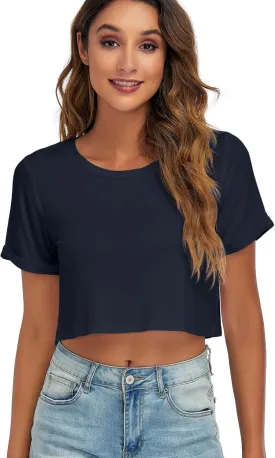 Womens Basic Summer Round Neck Crop Tops Loose Rolled Short Sleeve Solid Tee Shirt