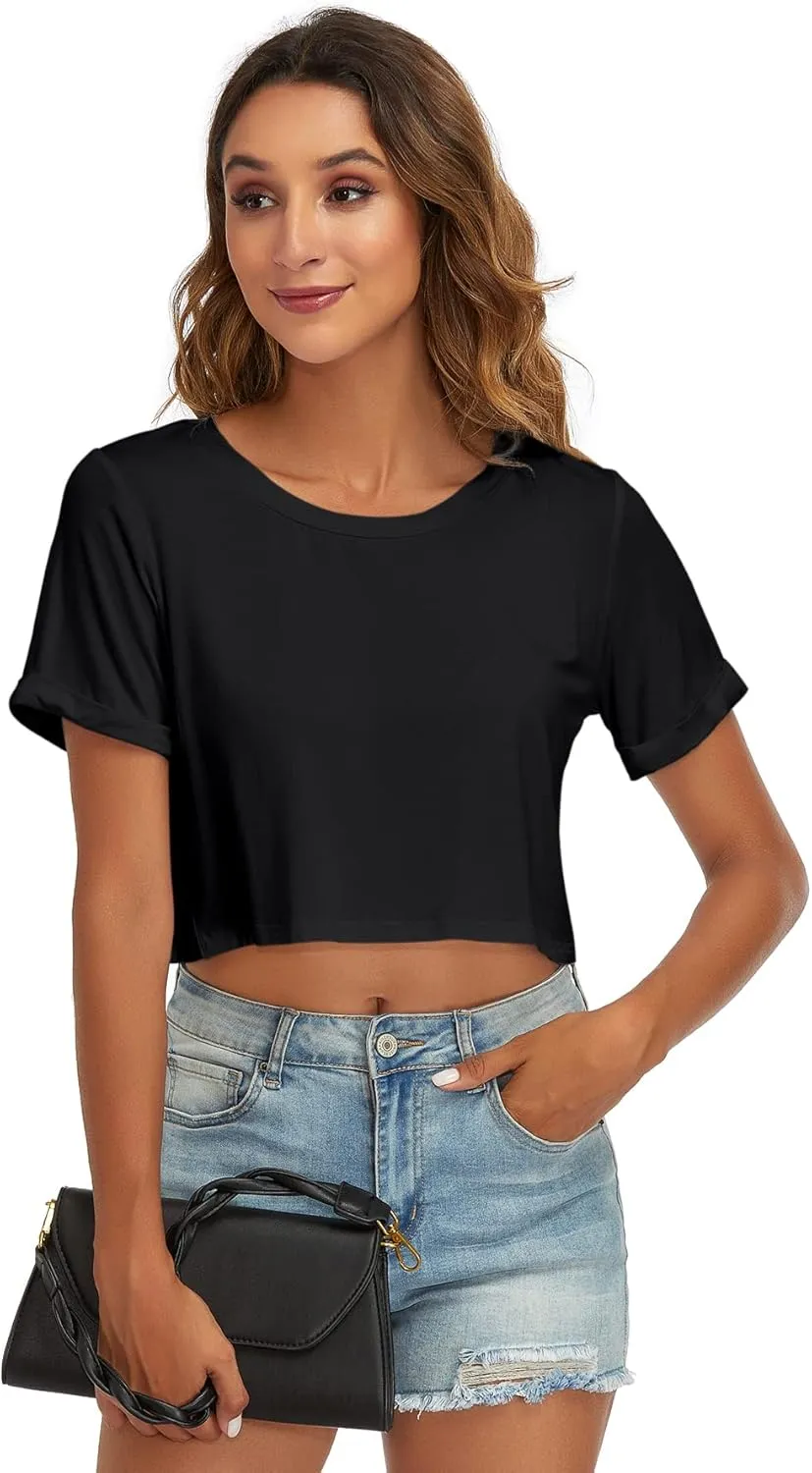 Womens Basic Summer Round Neck Crop Tops Loose Rolled Short Sleeve Solid Tee Shirt