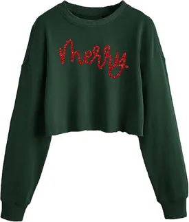 Women's Funny Christmas Graphic Crop Sweatshirts Xmas Holiday Party Casual Lantern Long Sleeve Pullover Tops