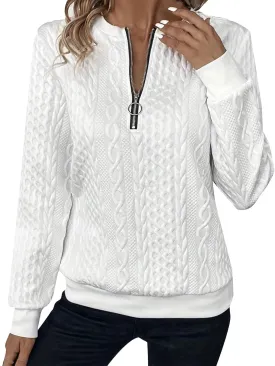 Women's Half Zip Quilted Sweatshirts Crew Neck Long Sleeve Pullover Tops Textured Solid Casual Fashion Spring Tops