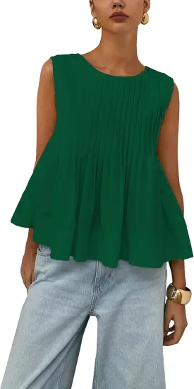 Women's Summer Babydoll Ruffle Tank Tops Pleated Peplum Sleeveless Blouse Round Neck Y2K Shirt