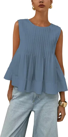 Women's Summer Babydoll Ruffle Tank Tops Pleated Peplum Sleeveless Blouse Round Neck Y2K Shirt