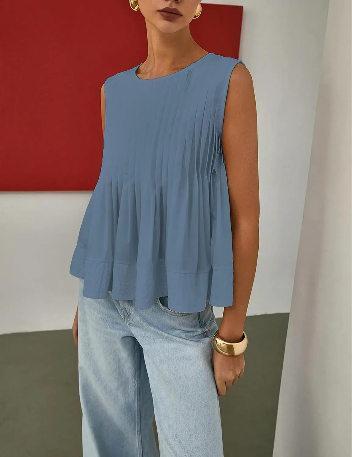 Women's Summer Babydoll Ruffle Tank Tops Pleated Peplum Sleeveless Blouse Round Neck Y2K Shirt