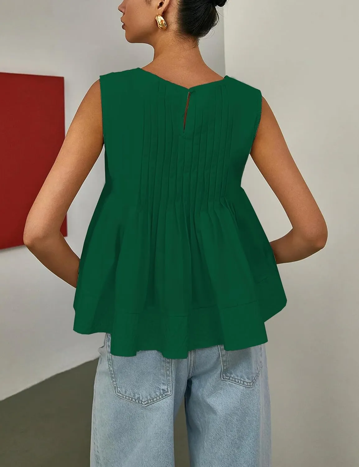 Women's Summer Babydoll Ruffle Tank Tops Pleated Peplum Sleeveless Blouse Round Neck Y2K Shirt