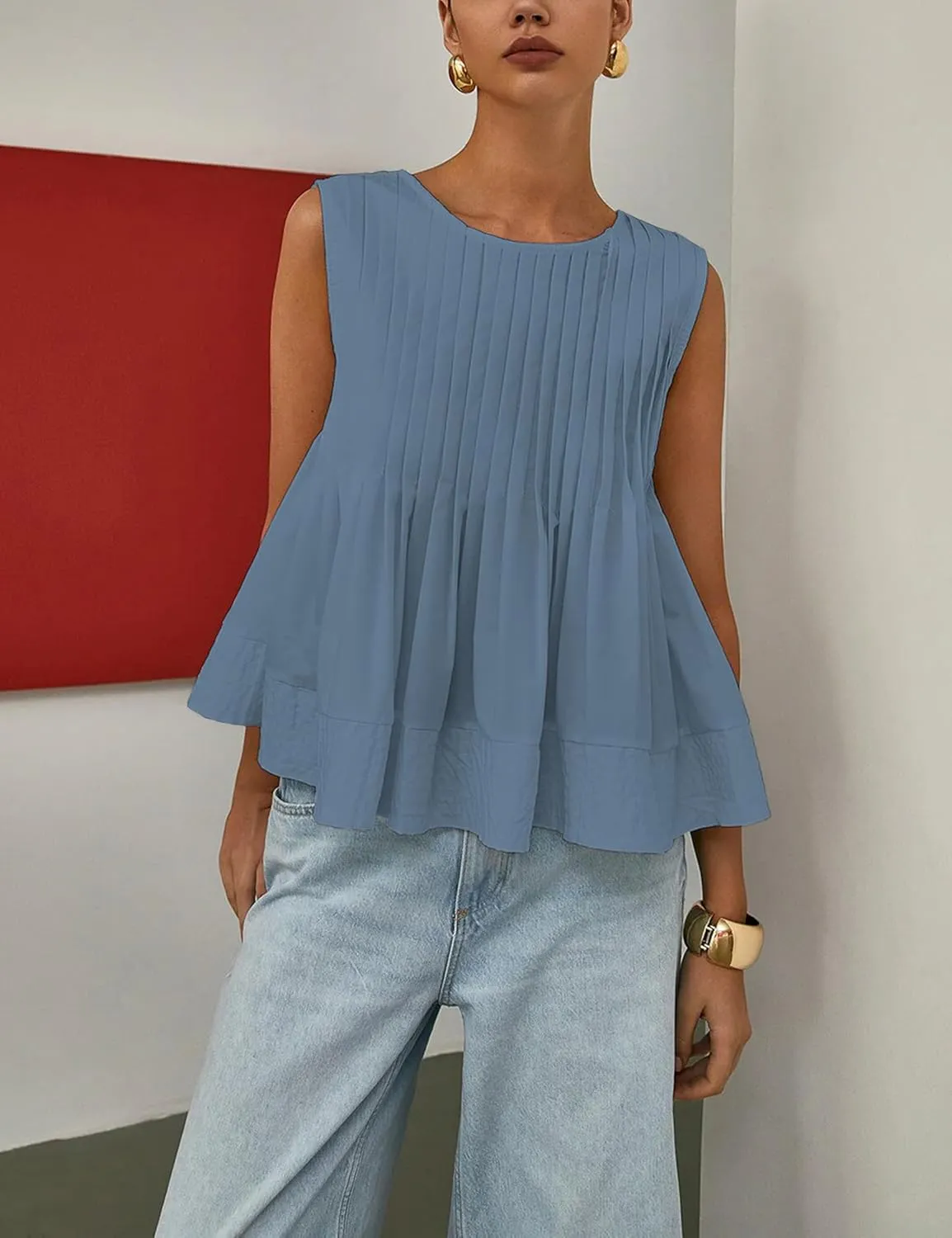 Women's Summer Babydoll Ruffle Tank Tops Pleated Peplum Sleeveless Blouse Round Neck Y2K Shirt