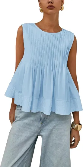 Women's Summer Babydoll Ruffle Tank Tops Pleated Peplum Sleeveless Blouse Round Neck Y2K Shirt