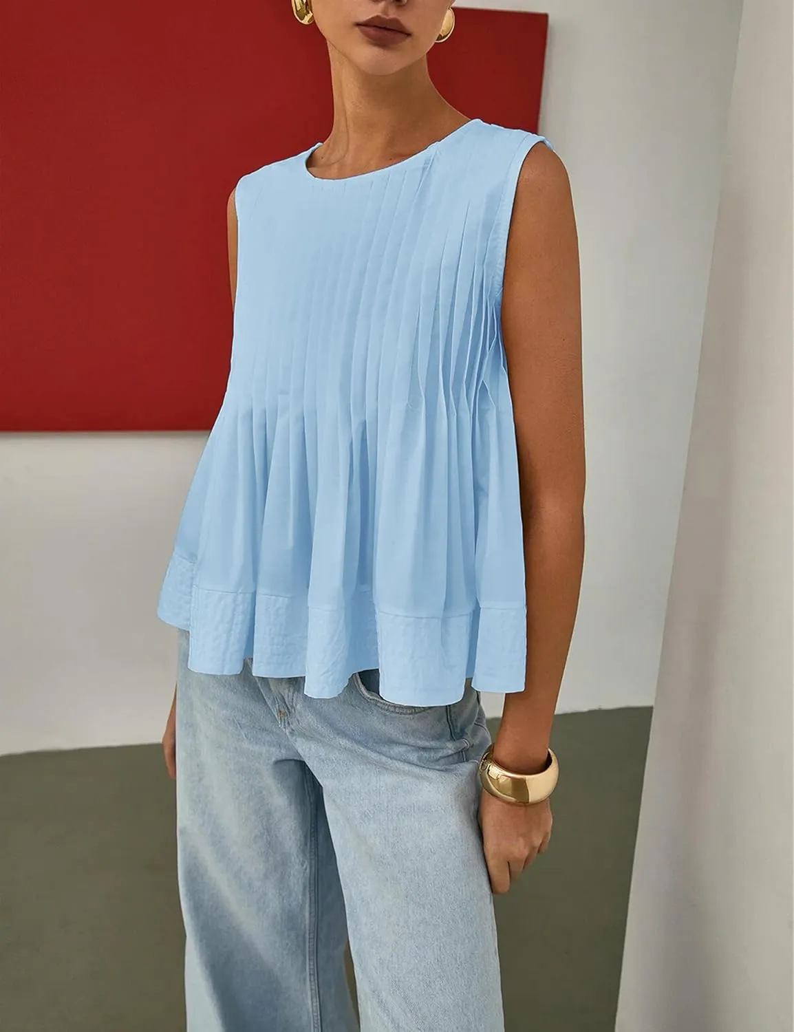 Women's Summer Babydoll Ruffle Tank Tops Pleated Peplum Sleeveless Blouse Round Neck Y2K Shirt