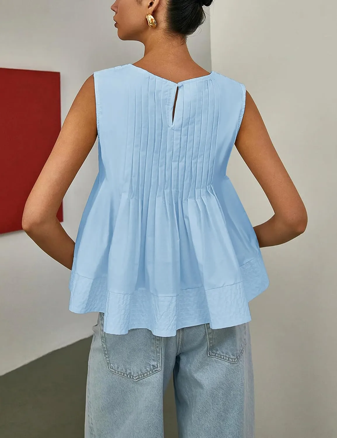 Women's Summer Babydoll Ruffle Tank Tops Pleated Peplum Sleeveless Blouse Round Neck Y2K Shirt