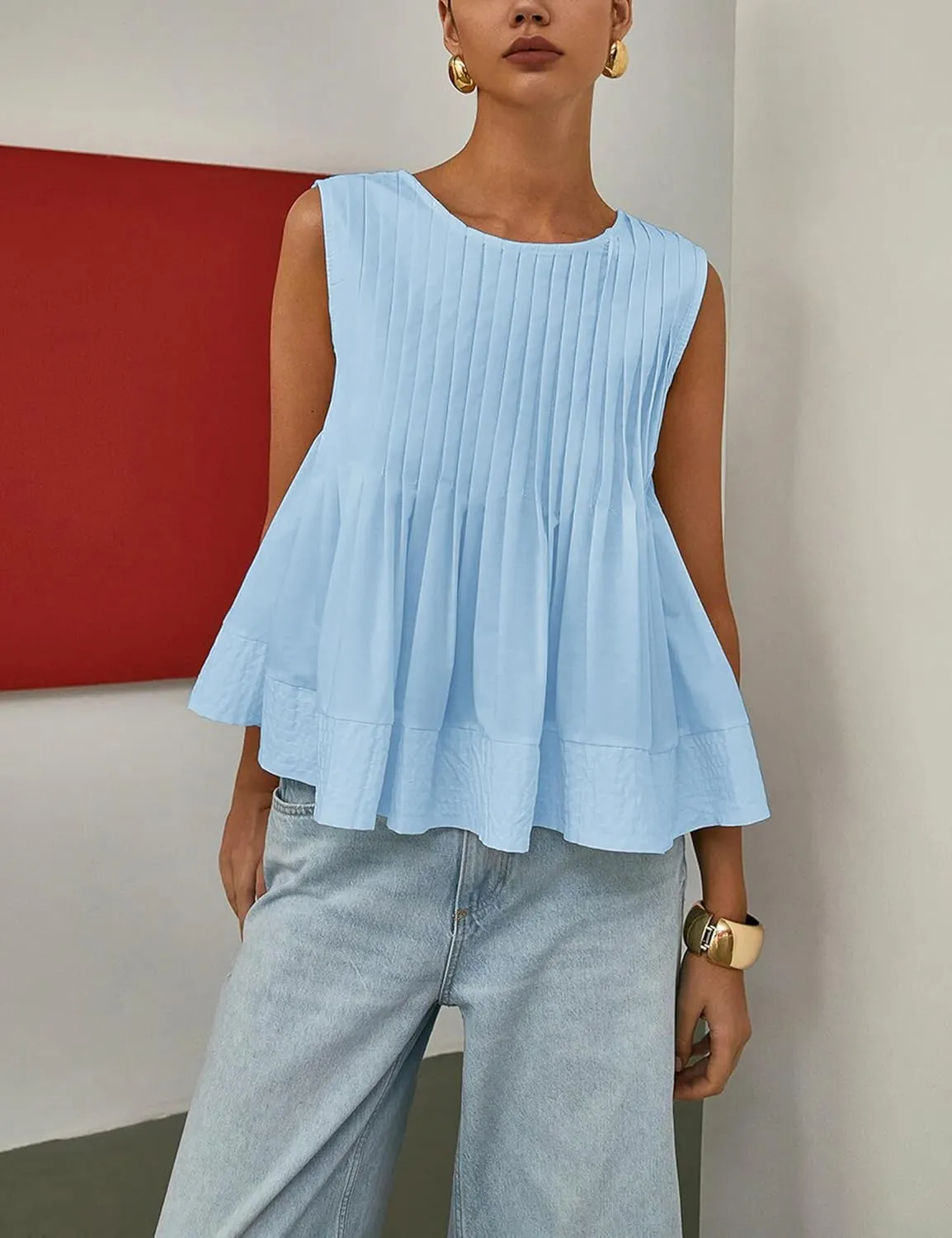 Women's Summer Babydoll Ruffle Tank Tops Pleated Peplum Sleeveless Blouse Round Neck Y2K Shirt
