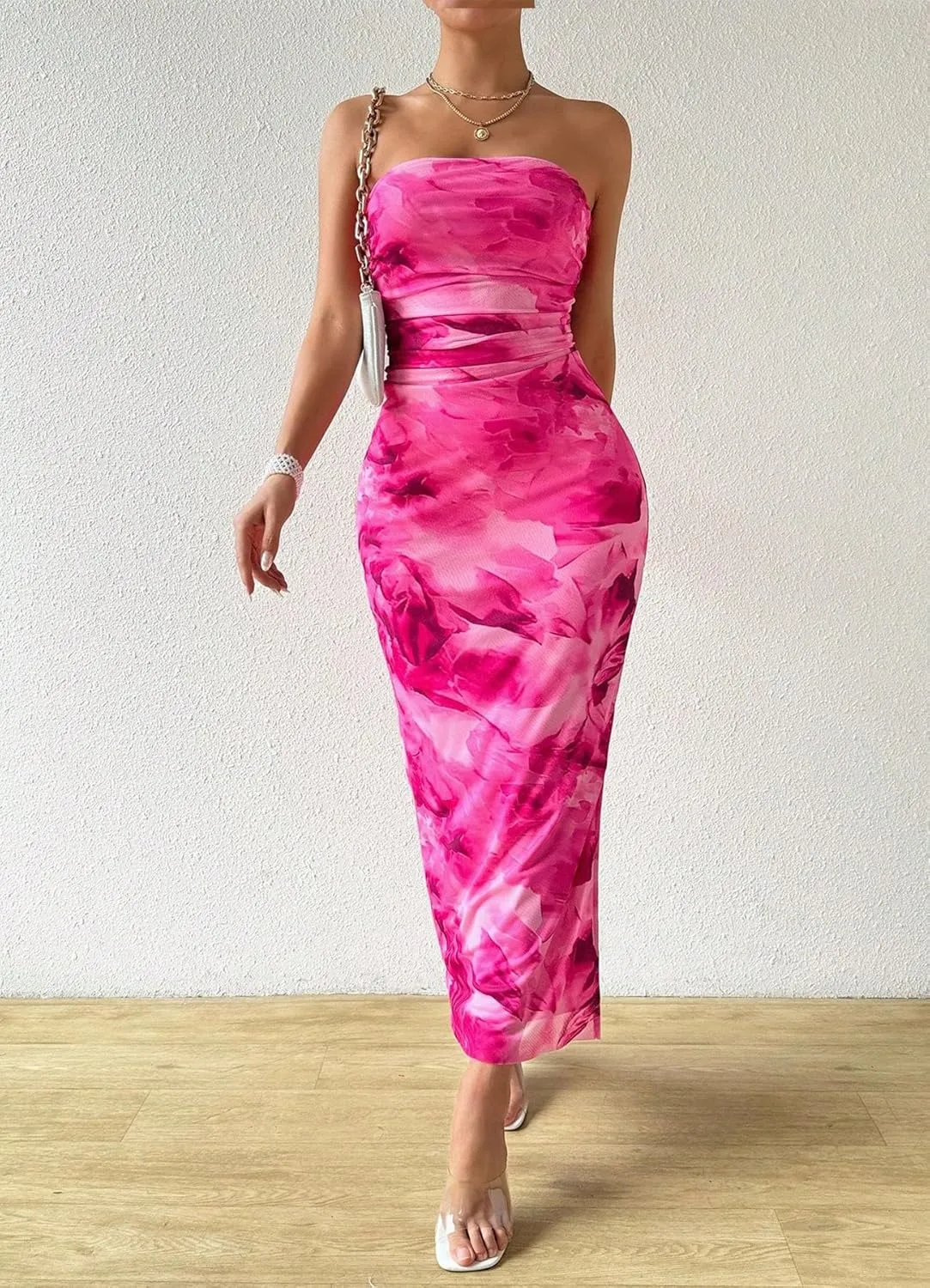 Women's Summer Strapless Dresses Maxi Bodycon Tube Top Dress Floral Beach Vacation Clothes for Women