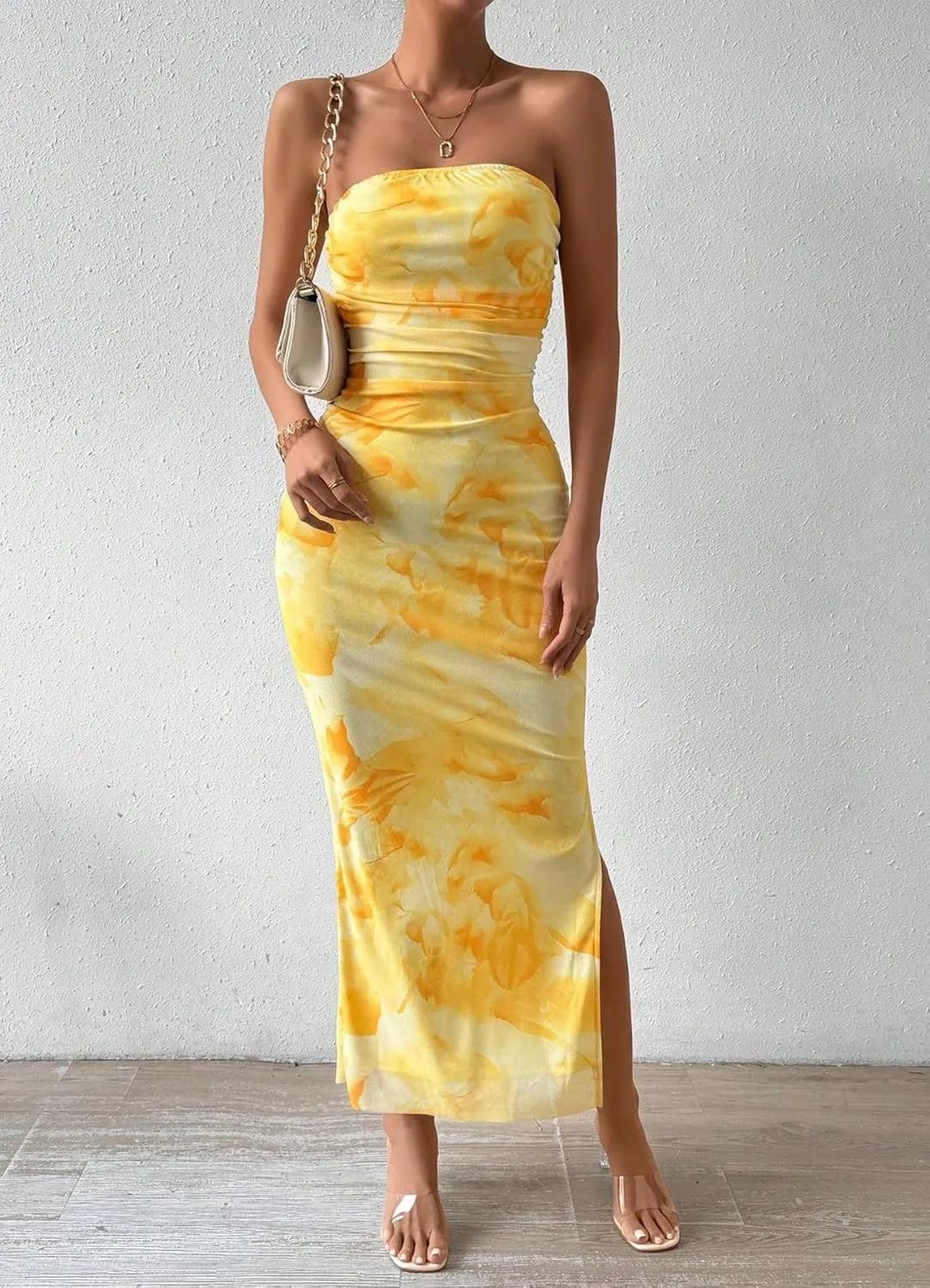 Women's Summer Strapless Dresses Maxi Bodycon Tube Top Dress Floral Beach Vacation Clothes for Women