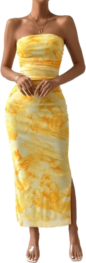Women's Summer Strapless Dresses Maxi Bodycon Tube Top Dress Floral Beach Vacation Clothes for Women