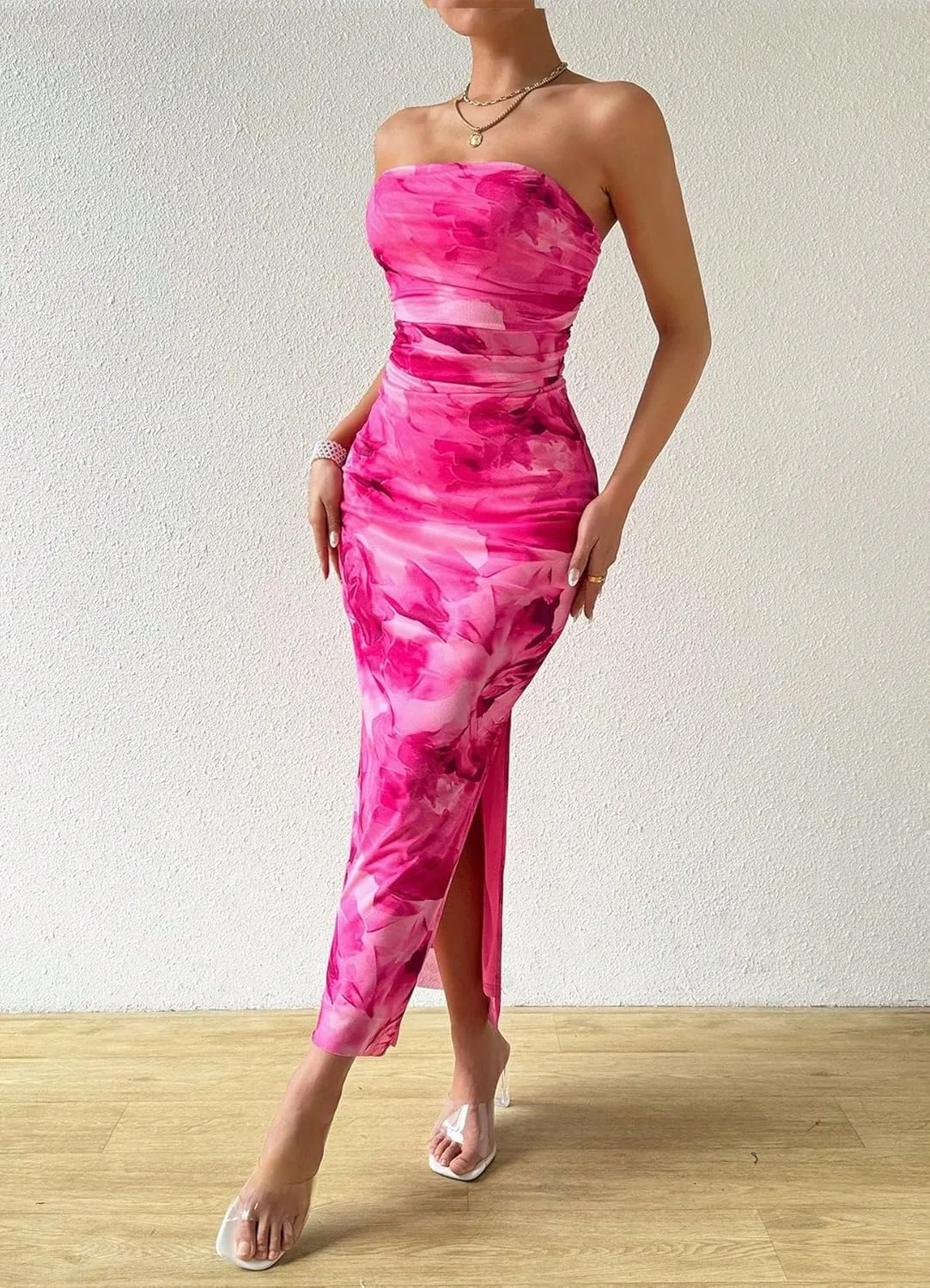 Women's Summer Strapless Dresses Maxi Bodycon Tube Top Dress Floral Beach Vacation Clothes for Women