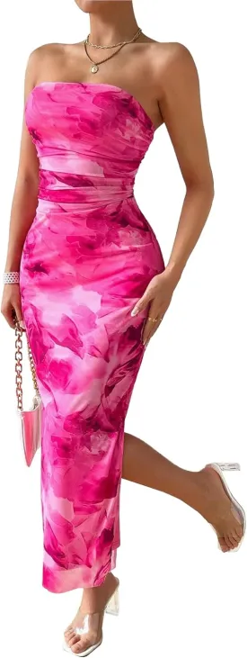 Women's Summer Strapless Dresses Maxi Bodycon Tube Top Dress Floral Beach Vacation Clothes for Women